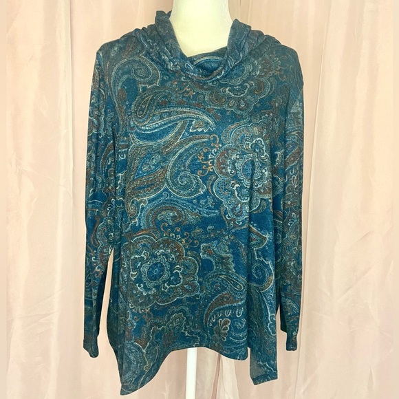 CHICOāS COWL NECK KERCHIEF HIGH LOW HEM LONG SLEEVEā PAISLEY KNIT TOP BB153 - Picture 1 of 9